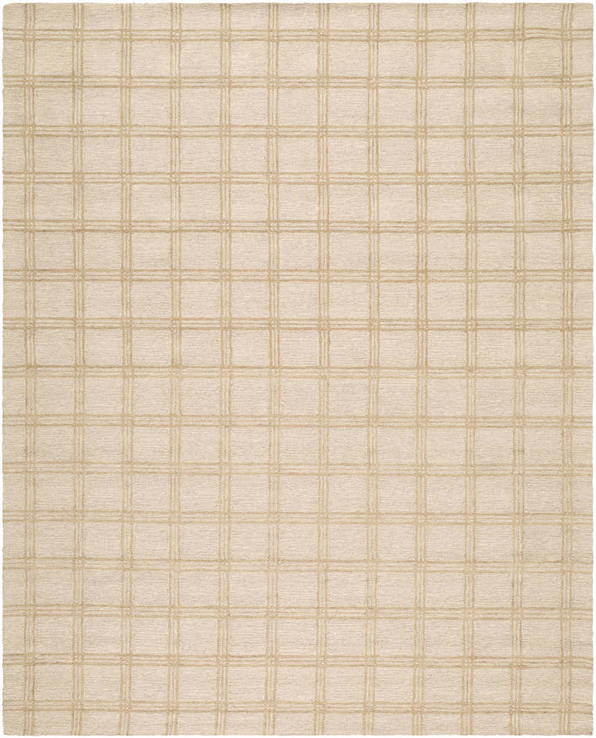 Close-up of the Adagio Area Rug. Hand-tufted wool rug in beige and cream with a sandstone plaid pattern. Farmhouse style. Design-Rectangle-810