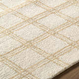 Close-up of the Adagio Area Rug, a hand-tufted wool rug with a beige and cream plaid pattern. Farmhouse style. Texture