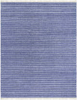 Close-up of the hand woven Mala Area Rug. Dark blue, denim, and ivory horizontal stripes with white fringe. Design-Rectangle-810