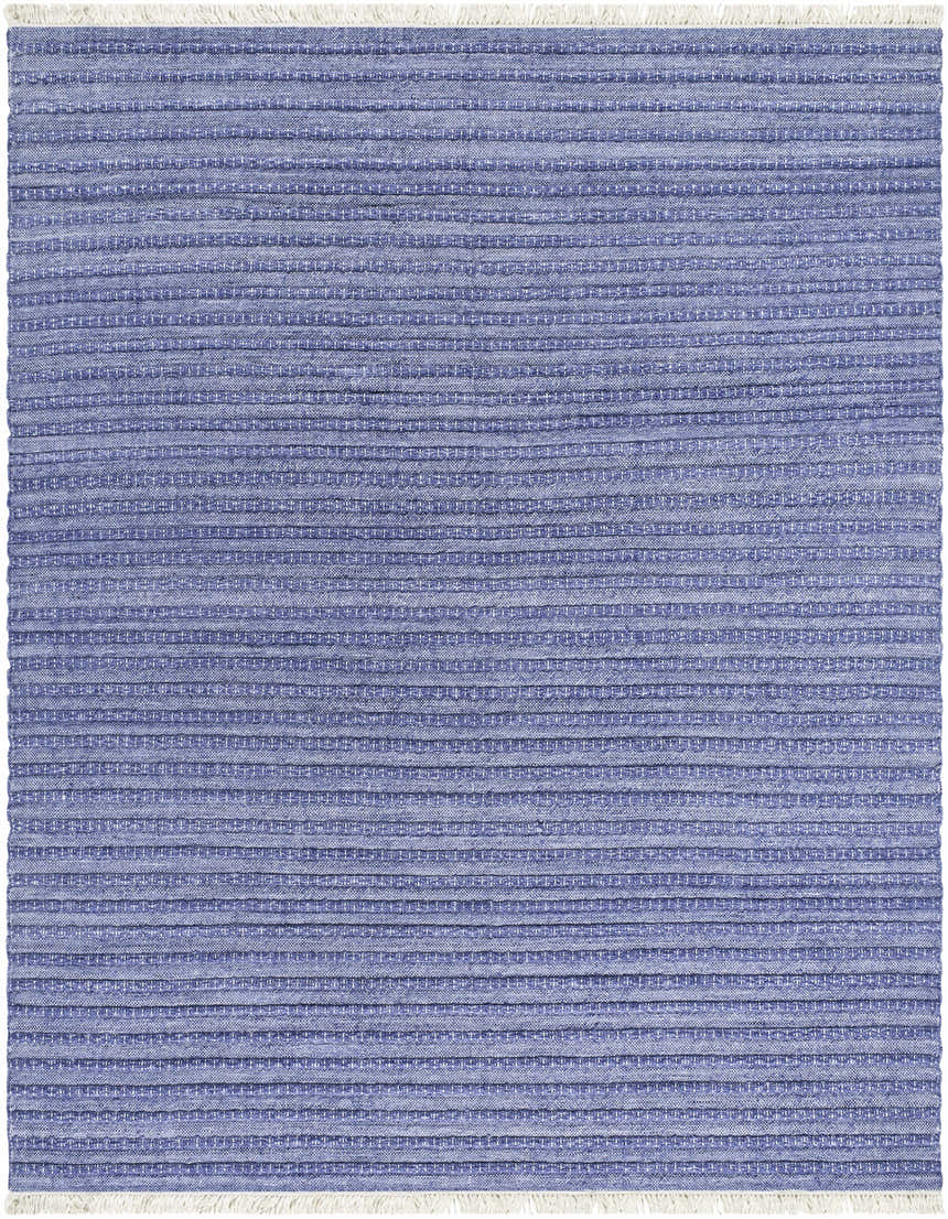 Close-up of the hand woven Mala Area Rug. Dark blue, denim, and ivory horizontal stripes with white fringe. Design-Rectangle-810