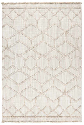 Close-up of the Malilinao Area Rug, featuring a geometric pattern in beige and cream hues with fringed edges. Design-Rectangle