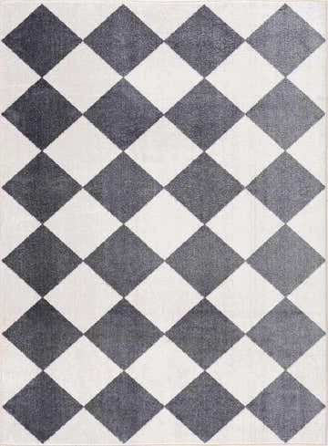Close-up of the Ulric Navy Blue Diamond Washable Area Rug, featuring a geometric diamond pattern in navy and off-white. Design-Rectangle-537