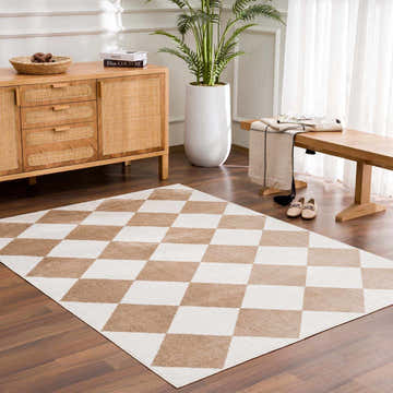 Entryway with wood floors and Ulric Brown Diamond Washable Area Rug. Bench, console table, and plant complete the neutral space. Roomscene-Rectangle