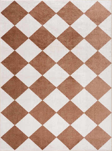 Close-up of the Ulric Chestnut Diamond Washable Area Rug. Features a chestnut and off-white diamond pattern. Design-Rectangle-537