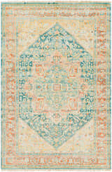 Close-up of the hand-knotted Managa Premium Rug. Camel, beige, saffron, and sage tones create a traditional Persian pattern. Design-Rectangle-69