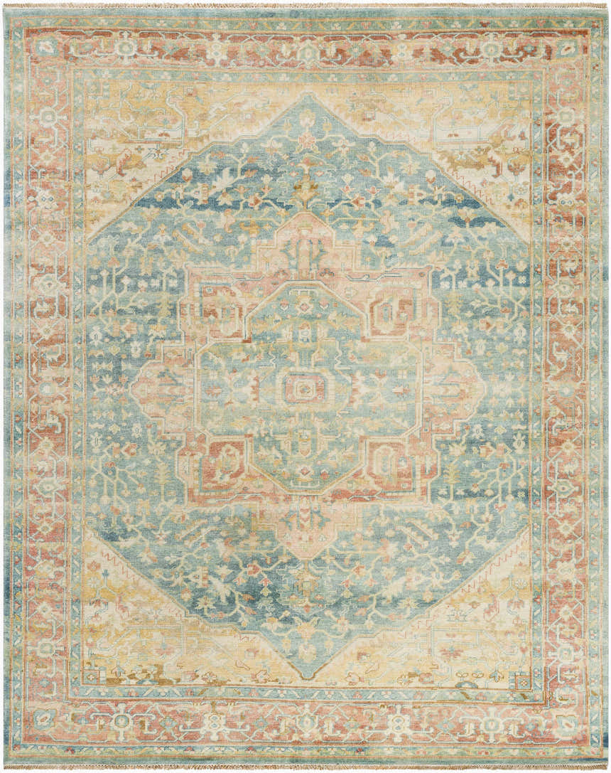 Detailed view of the hand-knotted wool Managa Premium Rug in camel, beige, saffron, and sage. Traditional Persian design. Design-Rectangle-810