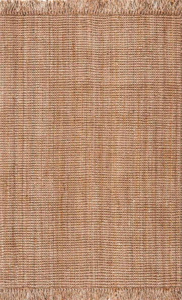 Close-up of the hand-woven Senneterre Natural Jute Rug, showing its light brown color, texture, and fringed edges. Design-Rectangle-576