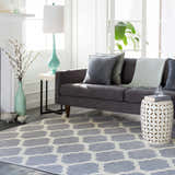 Living room scene with a gray sofa and the cream and slate Mongo Carpet. Roomscene-Rectangle