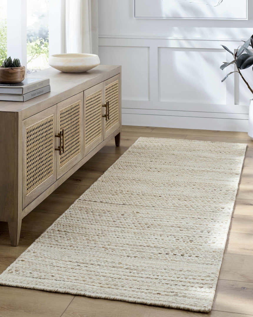 Light and airy hallway with a hand woven Moshe Area Rug runner. Roomscene-Runner