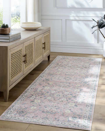 Entryway with light wood console and Meyly Pink Washable Area Rug runner, farmhouse style. Roomscene-Runner