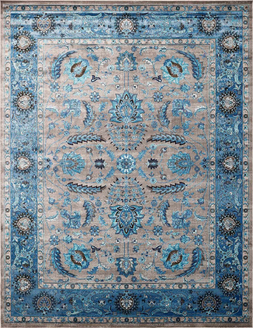 Detailed floral pattern on the Mardina Turquoise Area Rug. Beige field with blue, traditional vintage style. Design-Rectangle