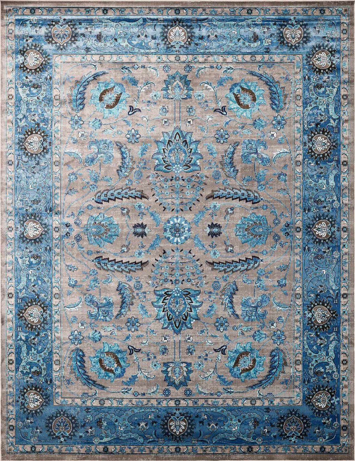 Detailed floral pattern on the Mardina Turquoise Area Rug. Beige field with blue, traditional vintage style. Design-Rectangle