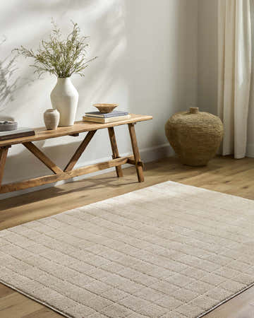 Entryway with a Cascade Checkered Beige Area Rug, wood bench with vases, and woven basket for a farmhouse feel. Roomscene-Rectangle