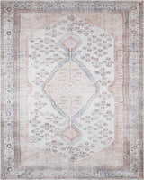 Close-up of the Moora Washable Area Rug featuring a traditional design with aqua, blush, and brown floral patterns. Design-Rectangle