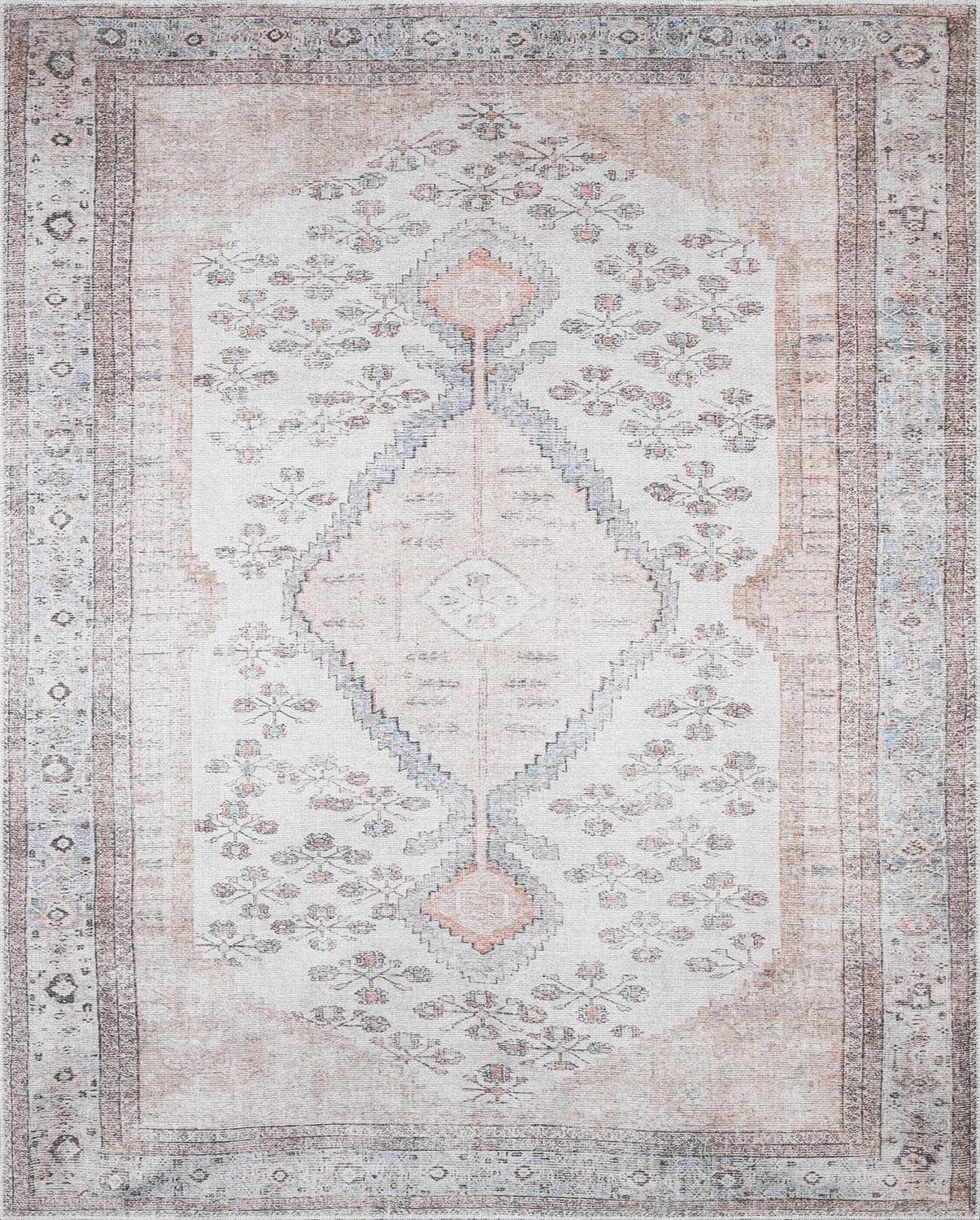 Close-up of the Moora Washable Area Rug featuring a traditional design with aqua, blush, and brown floral patterns. Design-Rectangle