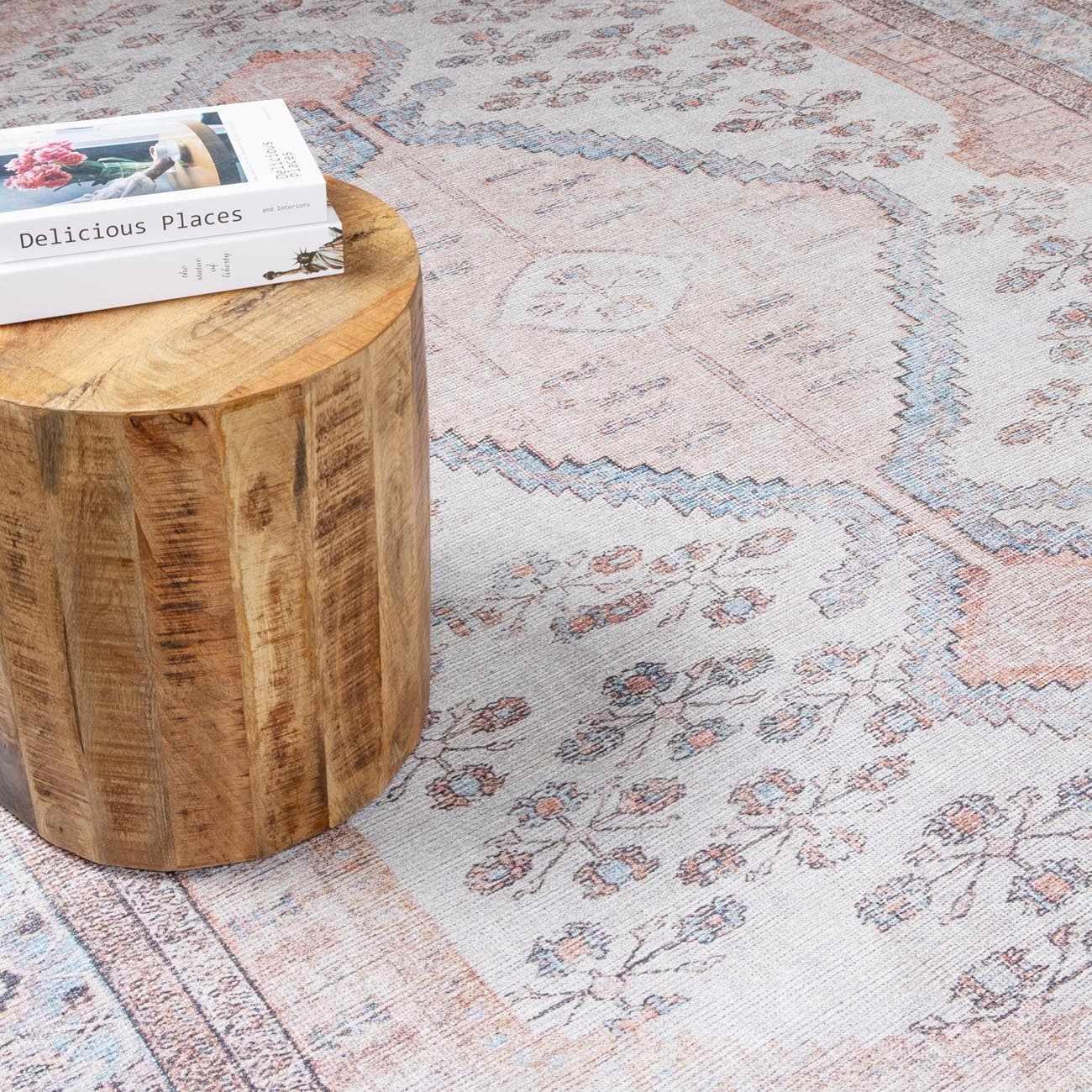 Close-up of the Moora Washable Area Rug showing its traditional, floral pattern and soft aqua, blush, and brown colors. Styleshot