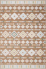 Detailed texture of the Metta Rust Area Rug with a geometric diamond pattern in rust, cream, and pale blue. Design-Rectangle-537