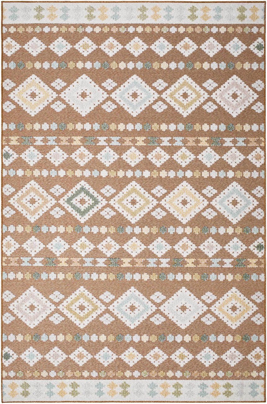 Detailed texture of the Metta Rust Area Rug with a geometric diamond pattern in rust, cream, and pale blue. Design-Rectangle-537