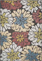 Close-up of the Minga Charcoal Area Rug. Floral pattern in charcoal, cream, navy, olive, rust, and tan. Machine woven polypropylene. Design-Rectangle-537