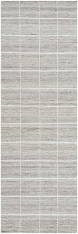 Close-up of the Nissa Checkered Area Rug. Hand-woven wool rug in light gray, medium gray, and off-white. Design-Runner-268