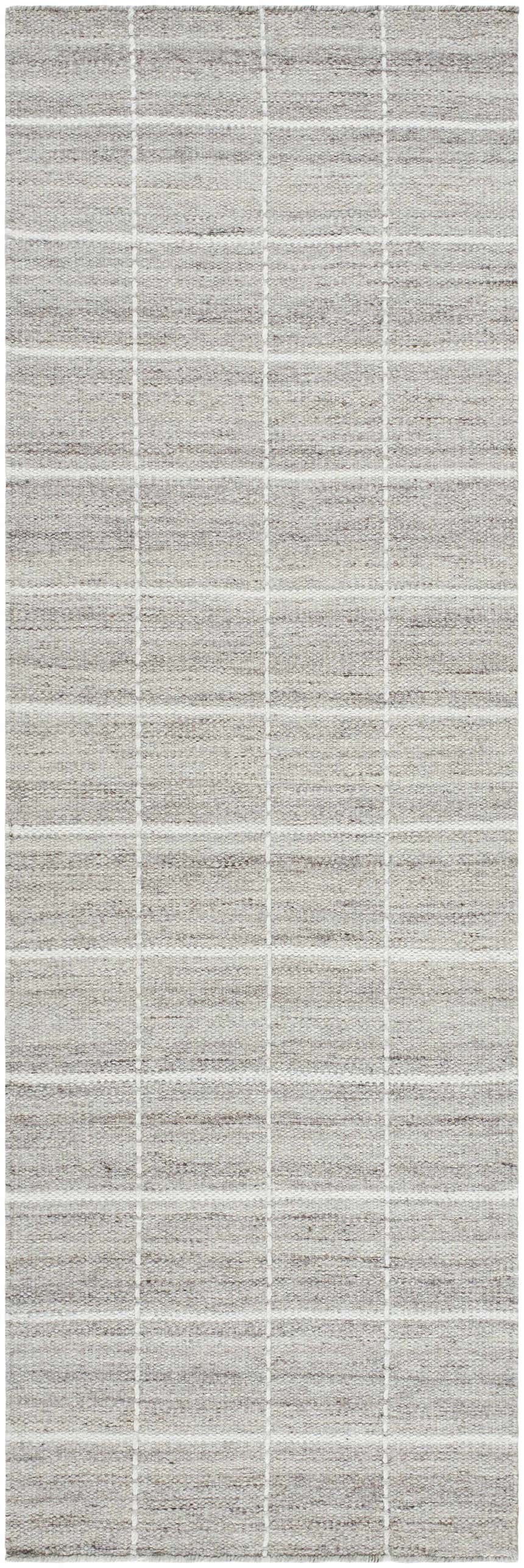 Close-up of the Nissa Checkered Area Rug. Hand-woven wool rug in light gray, medium gray, and off-white. Design-Runner-268