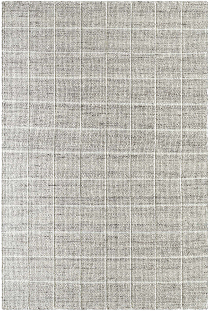 Close-up of the hand woven Nissa Checkered Area Rug. Light gray and off white wool with a farmhouse style checkered pattern. Design-Rectangle-576