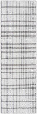 Close-up of the hand-woven Nissa Ivory Area Rug. Features a farmhouse style plaid pattern in ivory and gray wool. Design-Runner-268