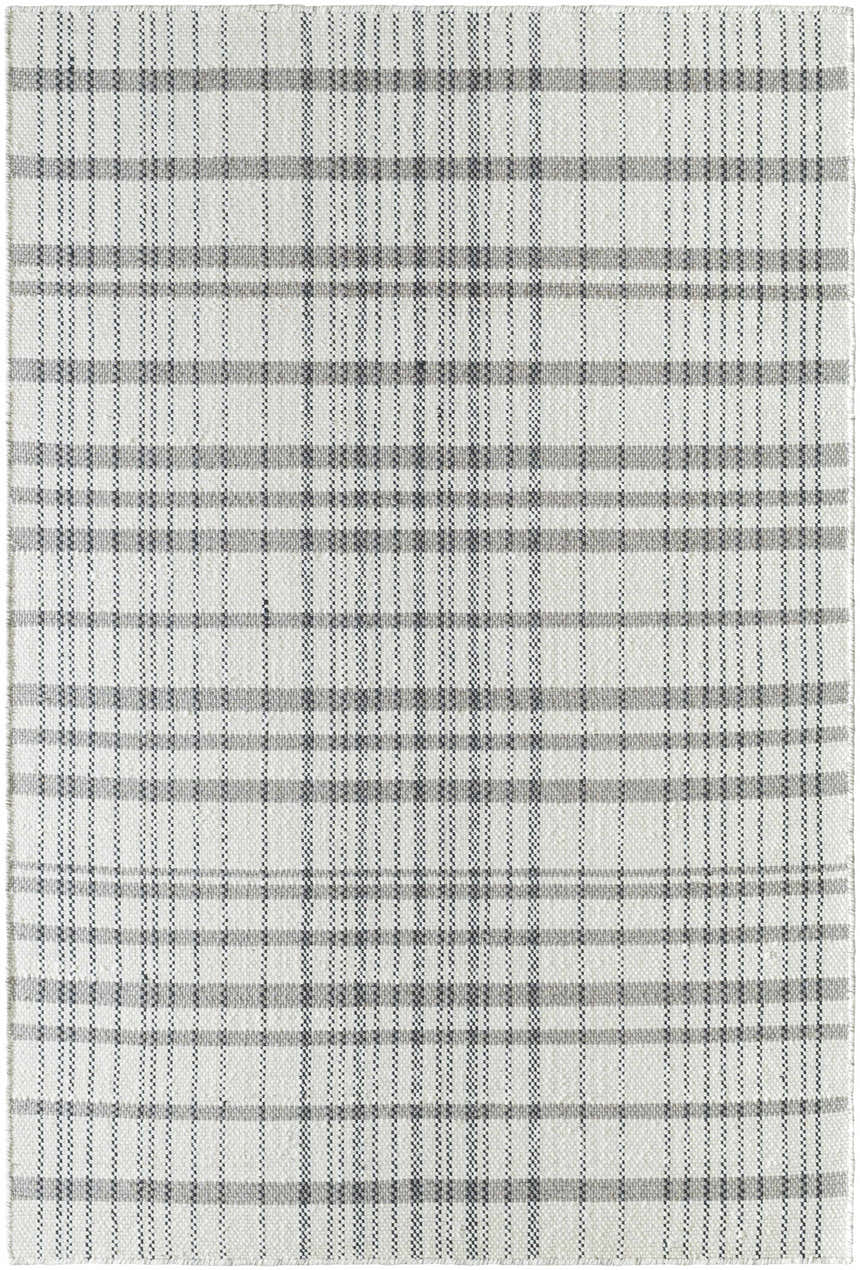 Close-up of the hand woven Nissa Ivory Area Rug. Features a farmhouse style plaid pattern in ivory and gray. Design-Rectangle-576
