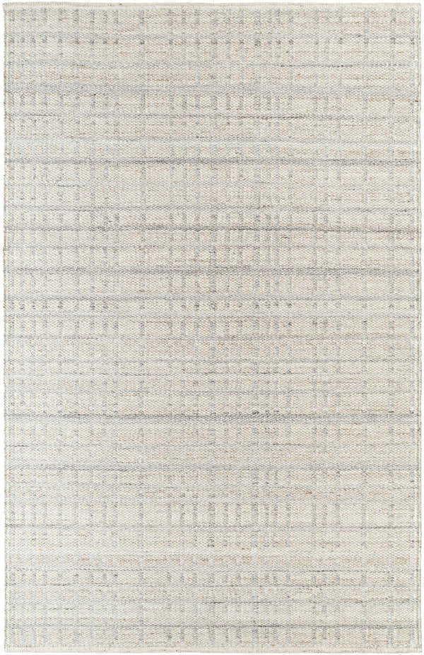 Close-up of the hand woven Nissa Tan Area Rug. Ivory and tan wool rug with a subtle geometric pattern. Design-Rectangle-576