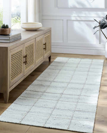 Entryway with light wood console table and Nissa Light Gray Checkered Wool Rug runner on wood floor. Roomscene-Runner