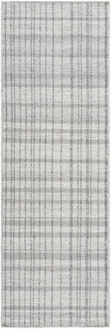 Close-up of the hand-woven Nissa Blue Gray Checkered Area Rug, featuring a farmhouse style, and light silver, sage, and slate blue colors. Design-Runner-268
