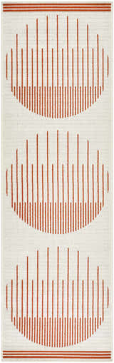 Close-up of Nabil Cream Area Rug. Cream rug with orange geometric pattern of vertical lines forming half circles. Design-Runner