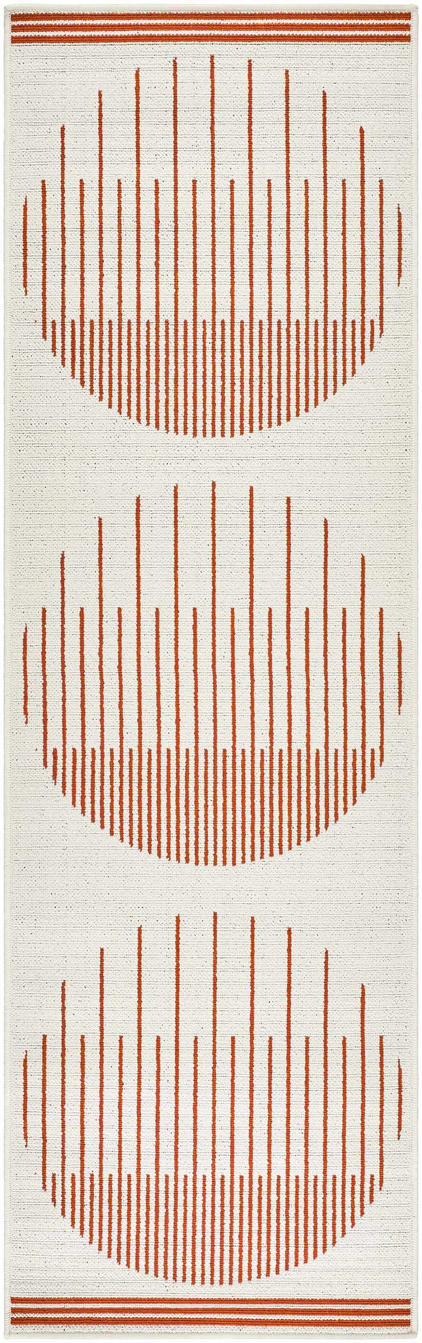 Close-up of Nabil Cream Area Rug. Cream rug with orange geometric pattern of vertical lines forming half circles. Design-Runner