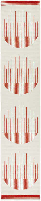 Close-up of the Nabil Cream Area Rug, a runner with a cream background and orange semicircle and stripe design. Design-Runner-454