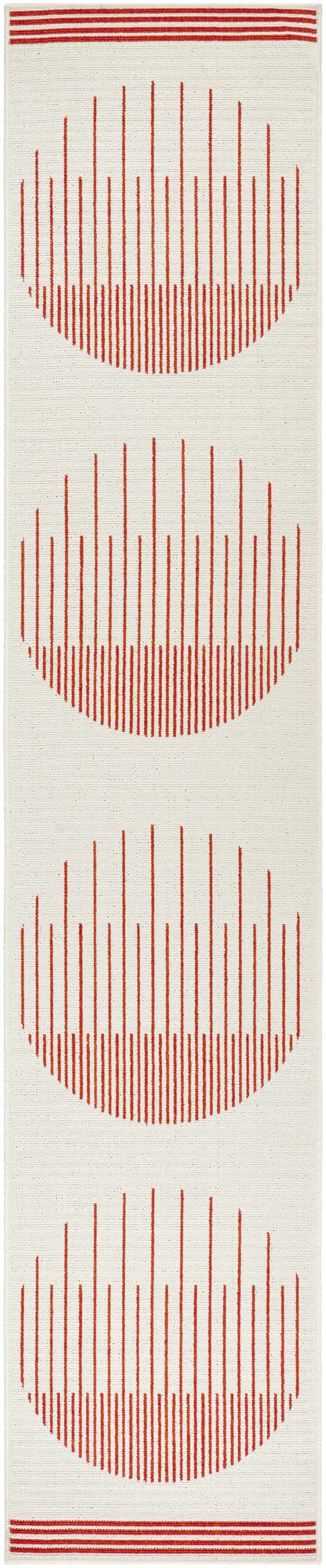 Close-up of the Nabil Cream Area Rug, a runner with a cream background and orange semicircle and stripe design. Design-Runner-454
