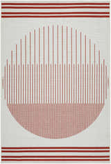 Close-up of Nabil Cream Area Rug featuring an orange striped and semi-circle design on a cream polypropylene base. Design-Rectangle-5377