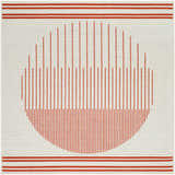 Close-up of the Nabil Cream Area Rug featuring a cream background with an orange linear circle design and striped border. Design-Square-53