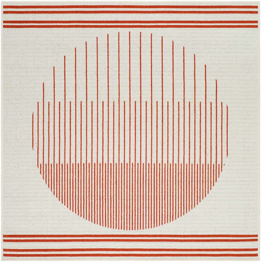 Close-up of the Nabil Cream Area Rug featuring a cream background with an orange linear circle design and striped border. Design-Square-53