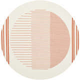 Close-up of a round Nabil Cream Area Rug with a contemporary orange linear circle design. Design-Round-73