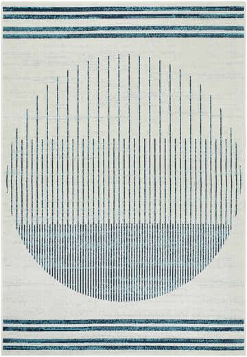 Close-up of Nabil Slate Blue Area Rug featuring a contemporary striped and linear oval design in beige and gray. Design-Rectangle-5377