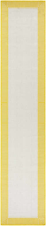 Close-up of the Nadir Area Rug. Cream rug with a bright yellow striped border. Machine woven olefin rug. Design-Runner