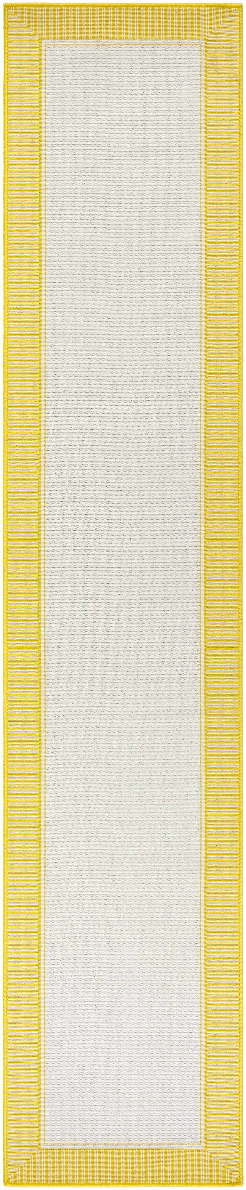 Close-up of the Nadir Area Rug. Cream rug with a bright yellow striped border. Machine woven olefin rug. Design-Runner