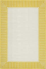 Close-up of Nadir Area Rug featuring a cream center and a yellow striped border in a farmhouse style. Design-Rectangle-5377