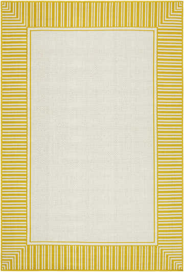 Close-up of Nadir Area Rug featuring a cream center and a yellow striped border in a farmhouse style. Design-Rectangle-5377