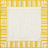 Close-up of the Nadir Area Rug. Cream center with a yellow striped border in a farmhouse style. Design-Square-53