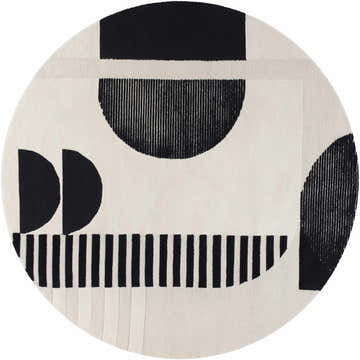 Round Brooklyn Modern rug close-up. Hand-tufted wool rug with black geometric shapes on a cream background. Contemporary style. Design-Round-8