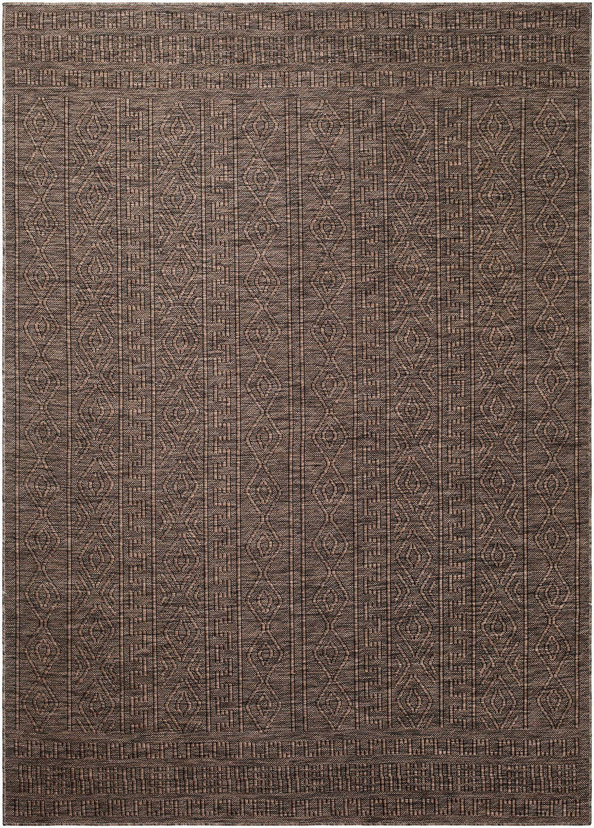Close-up of the Nuela Dark Brown Area Rug showing its diamond and geometric pattern and woven texture. Design-Rectangle