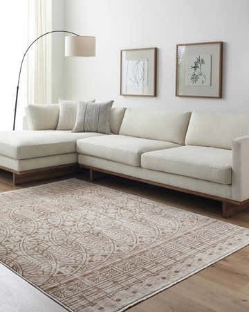 Living room with white sofa and Usonia Frank Lloyd Wright USO-2305 area rug in dark red and white. Roomscene-Rectangle
