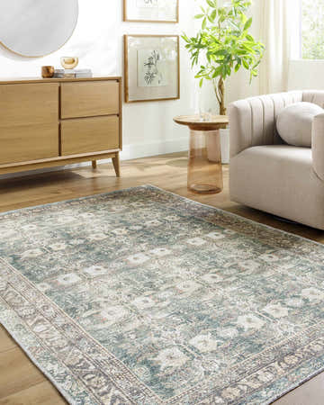 Living room scene with Walta Washable Area Rug in beige, charcoal, cream, and green. Traditional rug under modern furniture. Roomscene-Rectangle