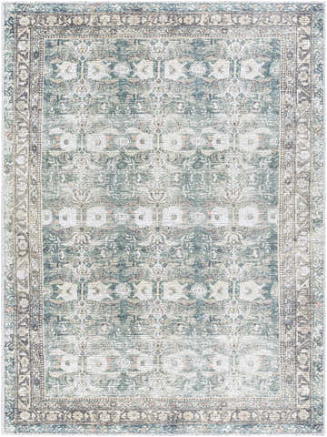 Close-up of the Walta Washable Area Rug, featuring a traditional, farmhouse design in beige, charcoal, cream, and sage. Design-Rectangle-537